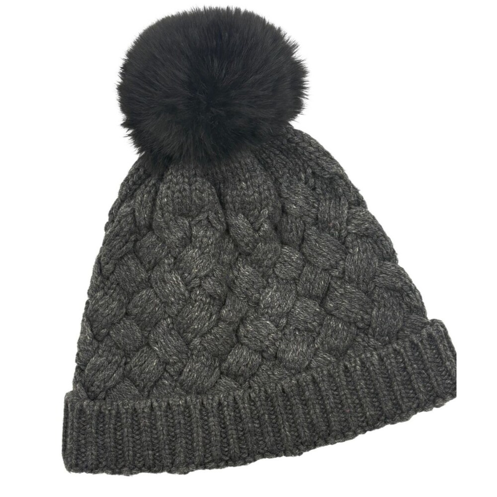 J.Crew Wool Blend Basketweave Chunky Beanie Faux Fur Pom Charcoal OS